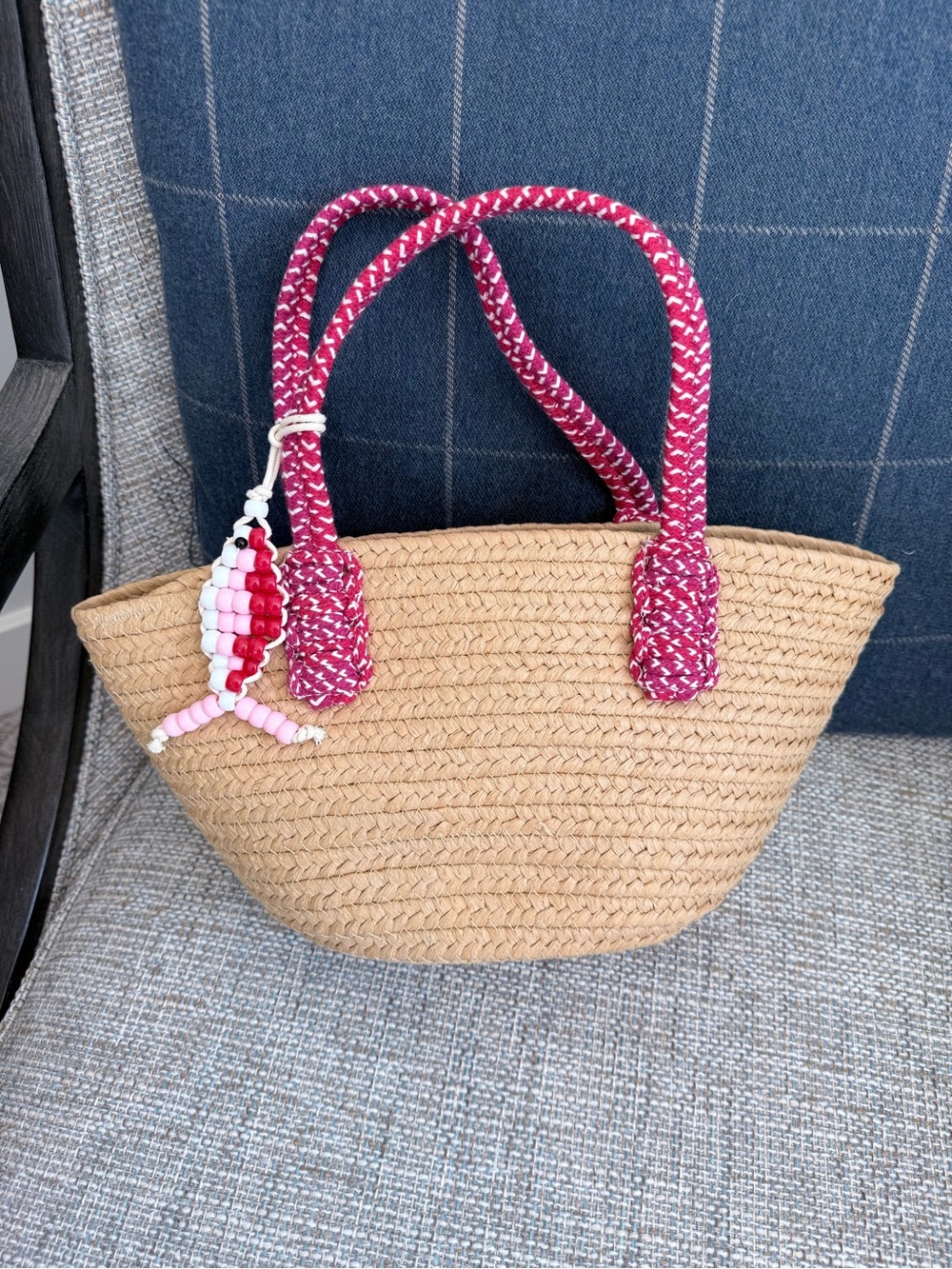 Straw Tote Bag with Pink Braided Handles